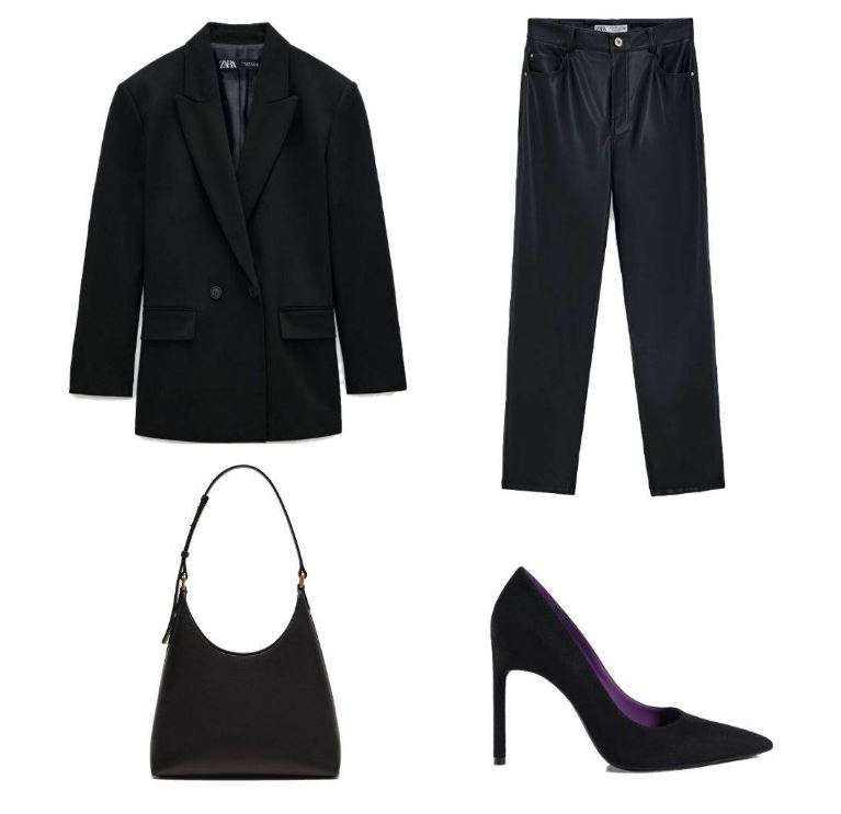 blazer + pantalón negro y stilettos